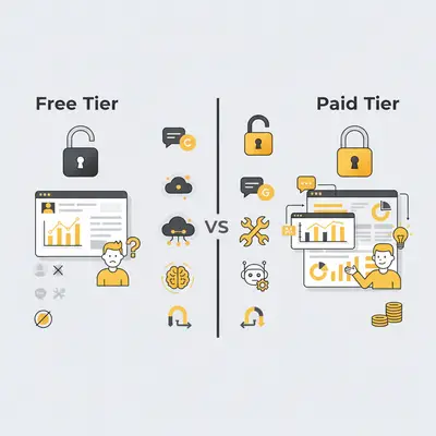 Comparison matrix showing free vs paid tiers for major AI tools (ChatGPT, Claude, Gemini, n8n) with pricing, features, and limitations side-by-side — alt text: Free vs paid AI tools comparison matrix