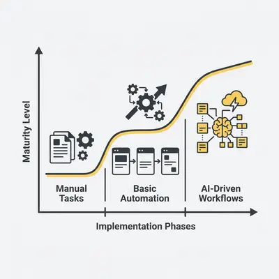 _ A line graph showing the AI Implementation Maturity Curve, starting with manual tasks, moving to basic automation, and eventually reaching optimized, AI-driven workflows