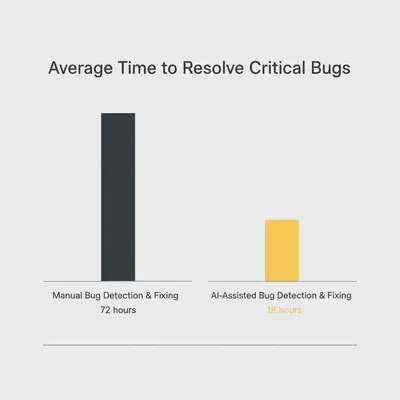 Column chart comparing average time to resolve critical bugs: 72 hours for manual detection and fixing vs. 18 hours for AI-assisted methods.