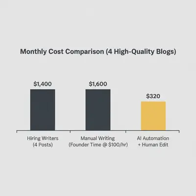 Bar chart comparing monthly blog costs: Hiring writers costs $1,400, manual writing costs $1,600 in time, and AI automation costs only $320.