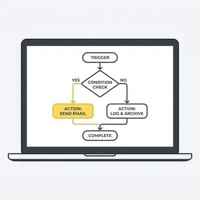 _ A small business owner reviewing an automation workflow on a laptop, with a simple flowchart visible on screen