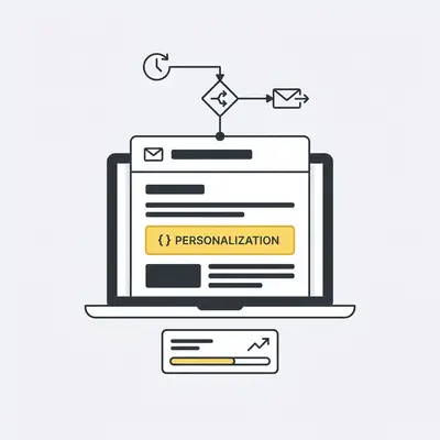 _ A small business owner reviewing an automated email template on a laptop, with a clear Personalization field highlighted in the email body