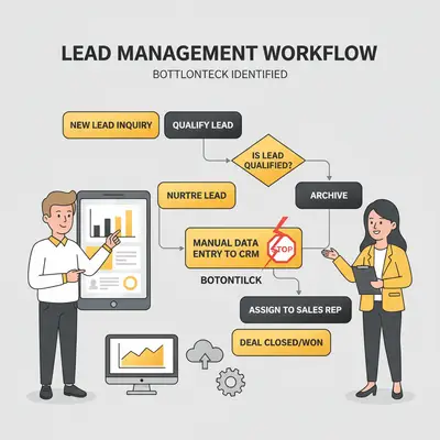 A flowchart showing a simple business process, like lead management, with clear steps, decision points, and a bottleneck highlighted. Alt text: A business process map for lead management identifying a manual data entry bottleneck