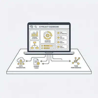 _ A team of small business employees collaborating around a table, with a laptop showing an AI-powered project management dashboard