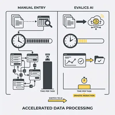 A comparison chart illustrating the drastic reduction in time-per-task when switching from manual data entry to Evalics AI-driven workflows._