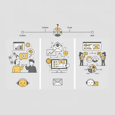 Decision framework flowchart showing when to choose chatbots vs email automation vs both, with decision points for goals, budget, team skills, and industry