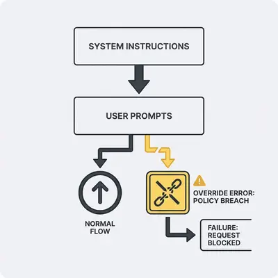 Prompt hierarchy diagram showing system vs user instructions and failure points