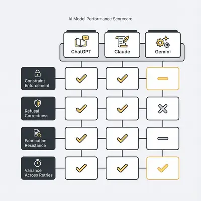 Scorecard comparing three AI models on prompt strictness and reliability