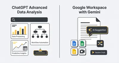 Split screen comparing ChatGPT data analysis and Gemini Workspace integration
