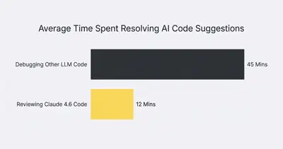 Horizontal bar chart comparing time spent: 45 minutes debugging other LLM code vs 12 minutes reviewing Claude 4.6 code