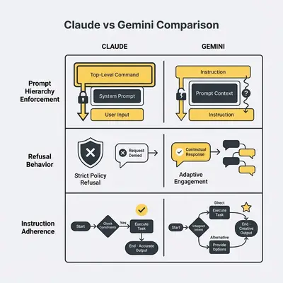 Claude vs Gemini comparison matrix on prompt hierarchy and refusals