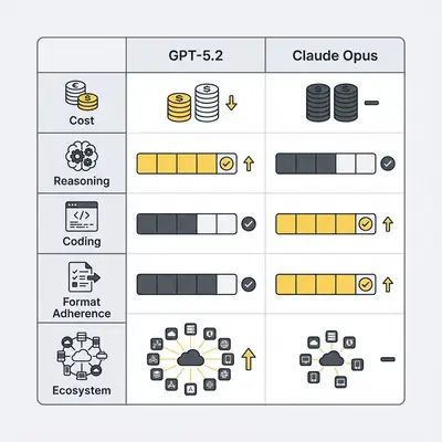 Decision matrix comparing GPT-5.2 and Claude Opus 4.5 across cost, capabilities, and reliability factors