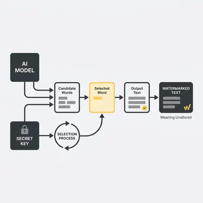 _ A diagram showing how an AI model selects candidate words using a secret key to generate watermarked text without altering output meaning