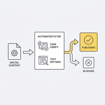 _ An illustration of digital content passing through automated transparency filters that verify C2PA metadata and text patterns
