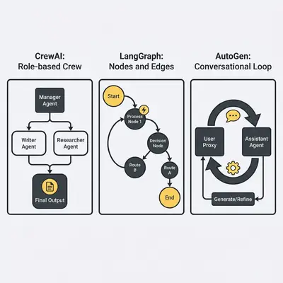 Three workflow diagrams side by side showing CrewAIs role-based crew structure, LangGraphs graph nodes and edges, and AutoGens conversational loop pattern, on a light gray background