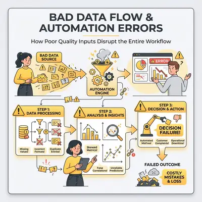 Data quality problem flowchart showing how bad data breaks automation workflows