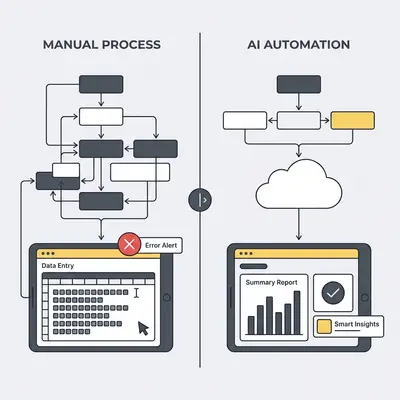 _ A split-screen comparison: On the left, a stressed manager manually typing numbers into a spreadsheet; on the right, a calm manager reviewing an AI-generated summary report on a tablet