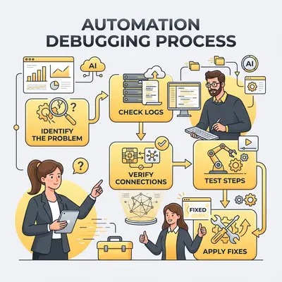 Automation debugging flowchart with five key troubleshooting steps