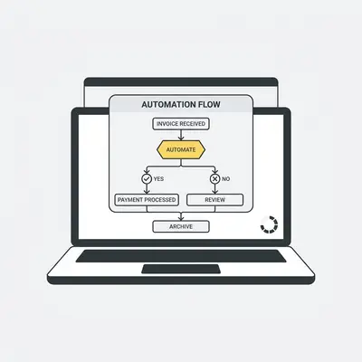 _ A small business owner reviewing an automation workflow on a laptop, with a simple flowchart visible on screen