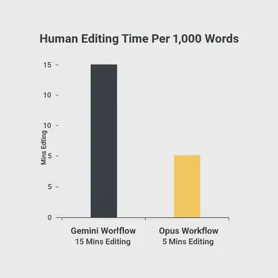 Column chart comparing editing time: 15 minutes for Gemini drafts vs 5 minutes for Opus drafts.