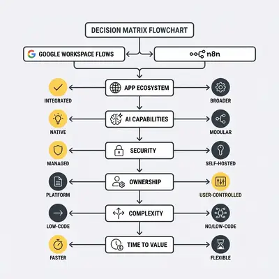 Decision matrix flowchart comparing Google Workspace Studio and n8n across six key decision factors
