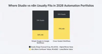 Column chart comparing how teams typically split simple Workspace-only workflows vs cross-system workflows between Google Workspace Studio and n8n.