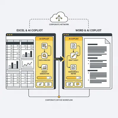 _ A professional using Microsoft Excel and Word with AI Copilot panels open on a dual-monitor setup in a corporate office