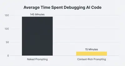 Bar chart comparing debugging time: 145 minutes for generic prompts vs 15 minutes for context-rich prompts