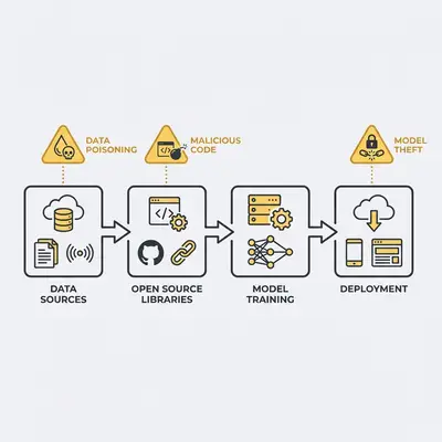 _ An infographic showing the AI supply chain, starting from data sources and open-source libraries, moving through model training and deployment, with icons indicating potential attack vectors like data poisoning, malicious code, and model theft at each stage