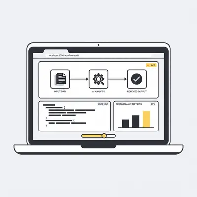 _ A developer reviewing an AI workflow dashboard on a laptop, with code and metrics visible on the screen