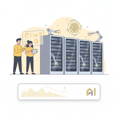 Modern server rooms with engineers and AI technology