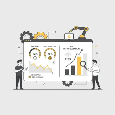 Automation metrics dashboard showing time saved, cost reduction, error rates, and ROI visualization