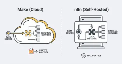 Diagram comparing Make cloud architecture vs n8n self-hosted control