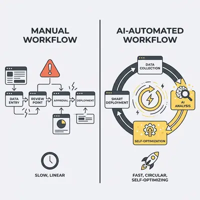 _ A comparison chart showing a Manual Workflow (linear, slow, prone to human error) versus an AI-Automated Workflow (circular, fast, data-driven, and self-optimizing)