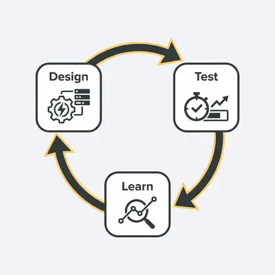 _ A conceptual diagram showing a circular workflow: Design (AI simulation), Test (Rapid validation), and Learn (Data feedback loop)