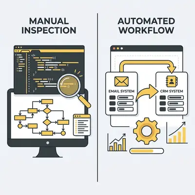 _ A split-screen graphic showing a researcher manually inspecting code on a monitor versus a business owner using a drag-and-drop automation dashboard to connect email and CRM systems