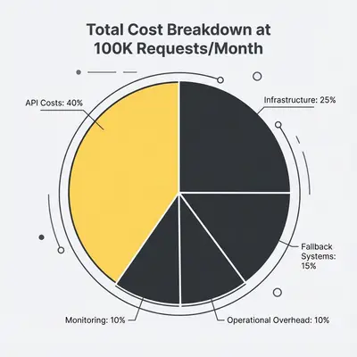 Pie chart showing AI model cost breakdown: API 40%, Infrastructure 25%, Monitoring 10%, Fallback 15%, Operational 10%