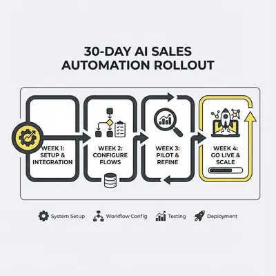 30-day AI sales automation timeline with prep in week 1, lead capture in week 2, follow-ups in week 3, and review in week 4