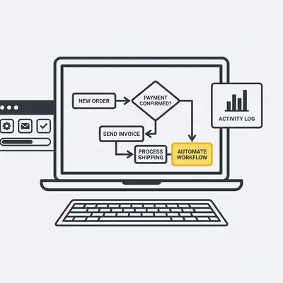 _ A small business owner reviewing an automation workflow on a laptop, with a simple flowchart visible on screen