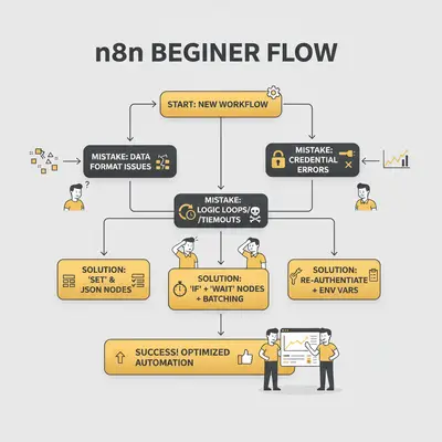 A flowchart detailing common n8n beginner mistakes, such as not testing workflows and creating infinite loops, along with their corresponding solutions.