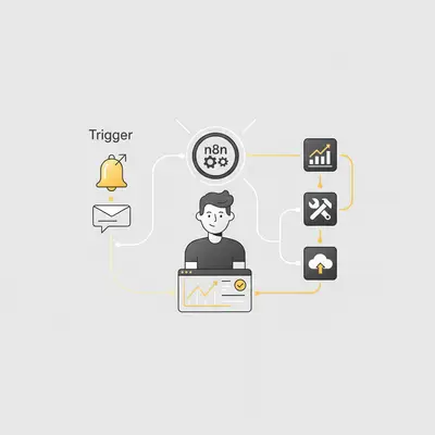 A diagram illustrating the n8n workflow automation process, showing how triggers, actions, and connections work together for beginners.