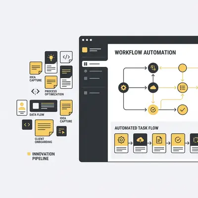 _ A small business owner at her desk, smiling as she reviews a workflow automation diagram on her laptop, with sticky notes of ideas on the wall behind her