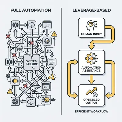 _ A split-screen diagram showing a Full Automation workflow as a tangled, broken web of nodes versus a Leverage-Based workflow as a clean, human-centered process