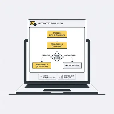 _ A small business owner reviewing an automated email workflow on a laptop, with a simple flowchart visible on screen