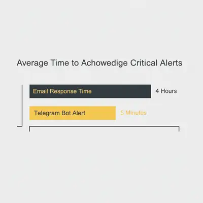 Bar chart comparing response times: 4 hours for email vs 5 minutes for Telegram
