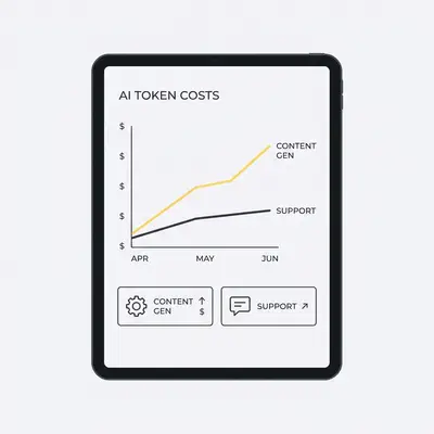_ A small business owner looking at a tablet displaying a chart of AI token usage costs over time, with different categories like content generation and customer support clearly visible