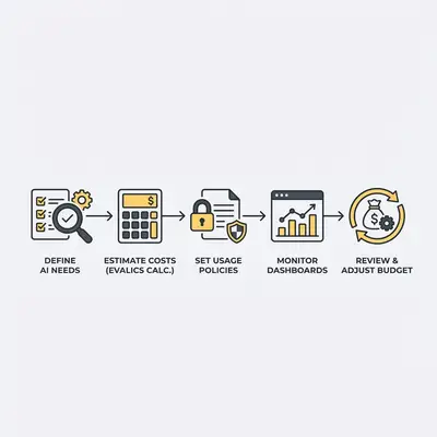 _ Infographic showing the flow of AI budgeting from planning to monitoring. Steps include Define AI Needs, Estimate Costs (Evalics Calculator), Set Usage Policies, Monitor Dashboards, and Review & Adjust Budget