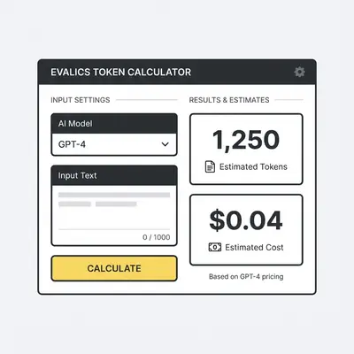_ Screenshot of Evalics Token Calculator with input fields and results, showing estimated token counts and costs for a selected AI model like GPT-4