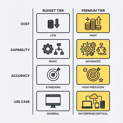 Decision matrix comparing budget tier and premium tier AI models across cost, capability, and use case factors
