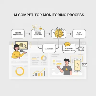 AI competitor monitoring workflow diagram showing automated tracking and summarization process